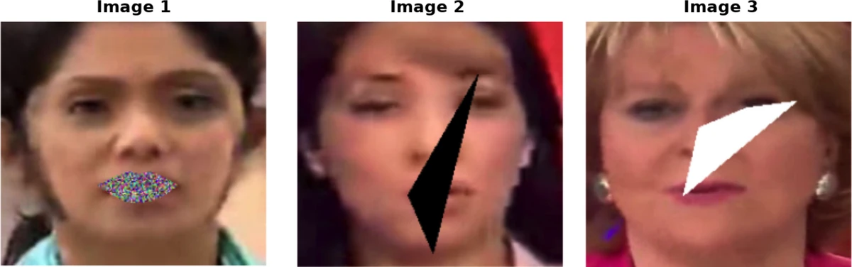 The three cutout fill variants applied to a manipulated frame: random RGB (left), black (center), and white (right).