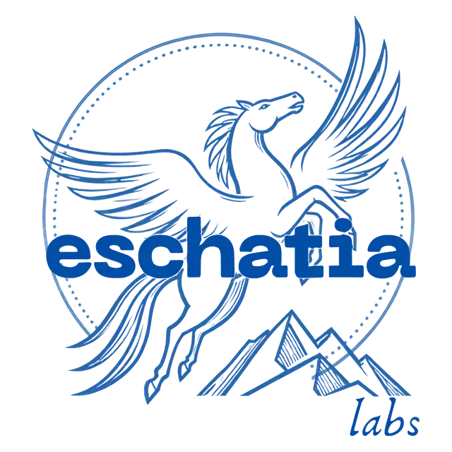 Eschatia Labs logosu: noktalı bir çemberin içinde, dağ doruklarının üzerinde şaha kalkan Pegasus çizimi